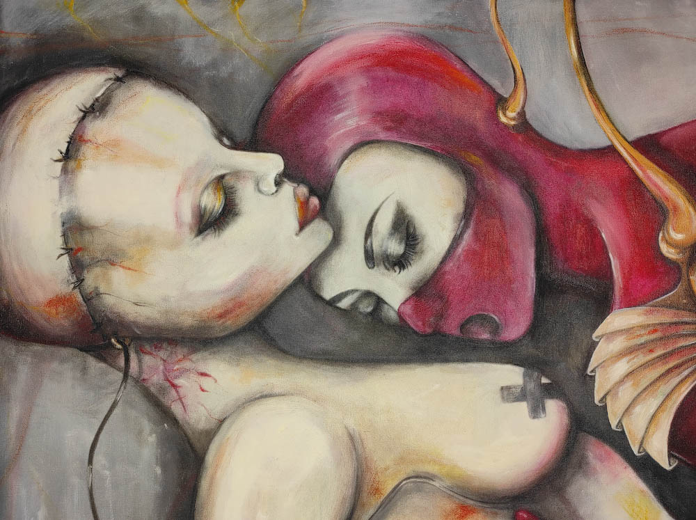Androids, 2022 Małgorzata Bańkowska. Surreal painting. Oil on canvas. Painting detail.