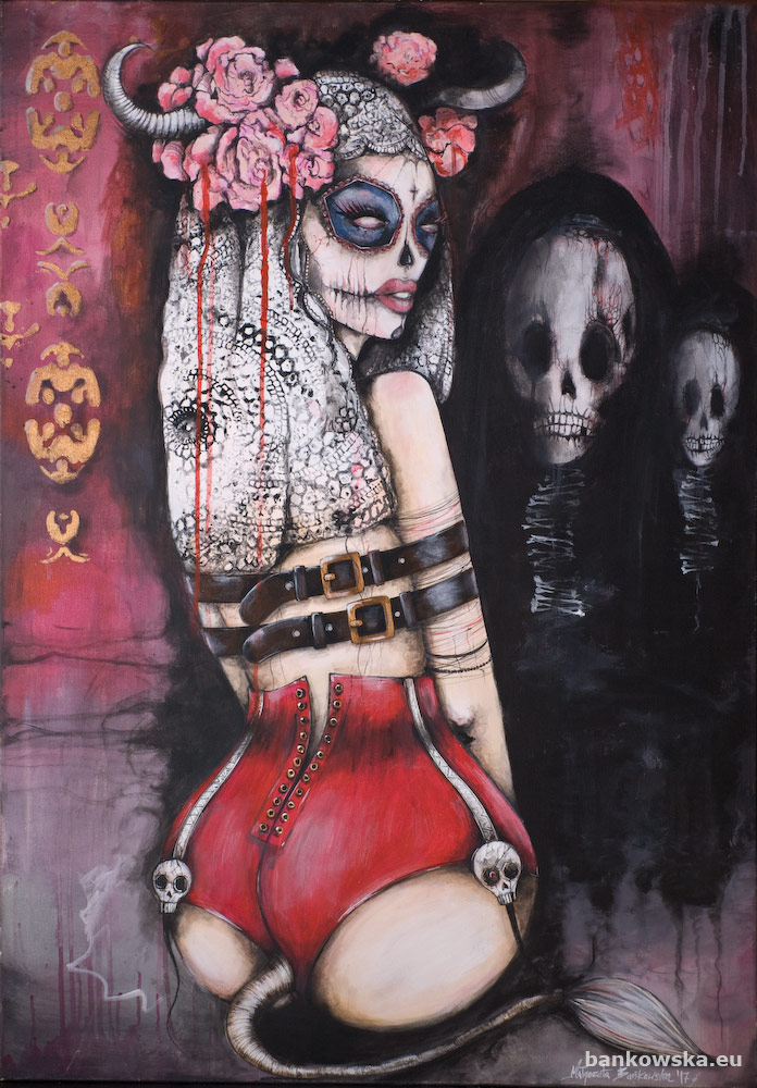 Mezcal Małgorzata Bańkowska Erotic surreal artwork with skull symbolism, harnesses and fetish aesthetics