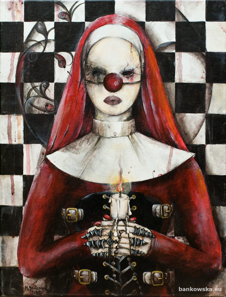 nun clown Małgorzata Bańkowska erotic fetish bdsm painting erotic art painting combining sacred imagery and fetish aesthetics