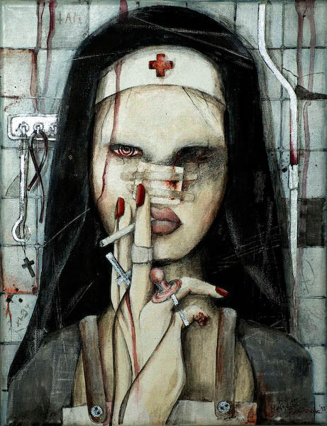 charyzmat + Małgorzata Bańkowska Surreal erotic art painting with medical bandages, clinical elements and fetish aesthetics