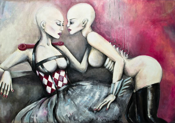 Femdom Małgorzata Bańkowska Surreal erotic art painting with female figures and fetish aesthetics