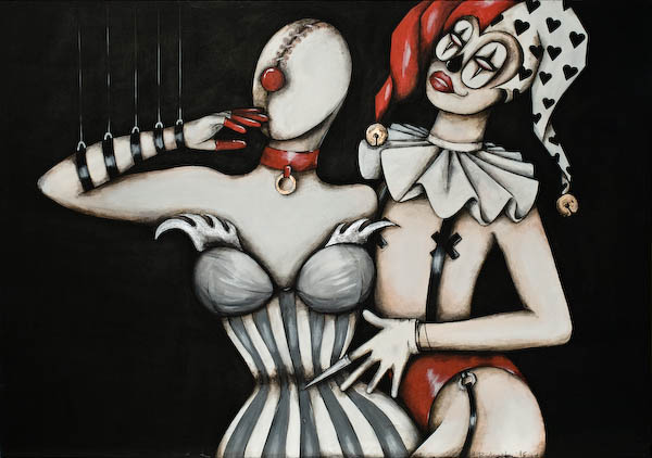 royal drama Małgorzata Bańkowska Surreal erotic fetish painting with masked figures, power dynamics and theatrical intimacy