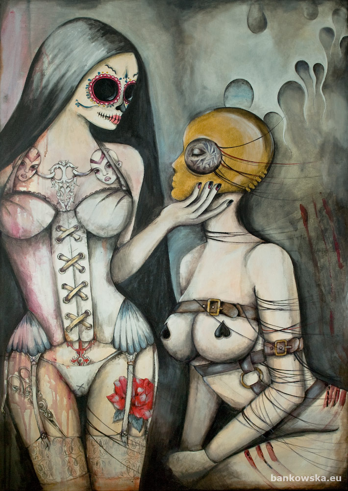 Twisted Love Małgorzata Bańkowska Contemporary erotic art painting with masked female figures and fetish aesthetics