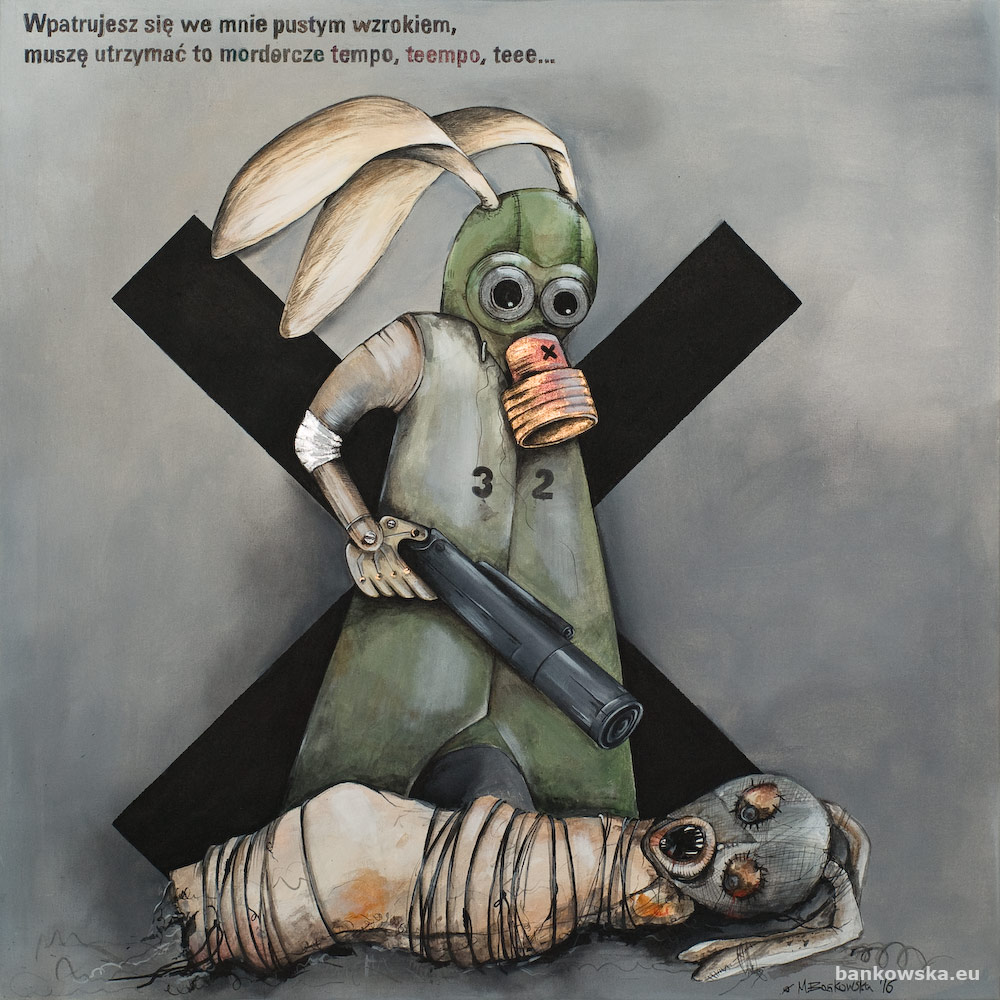 utopia kill rate malgorzata bankowska polish surreal artist dark surrealist dystopian painting of armed figure and victim