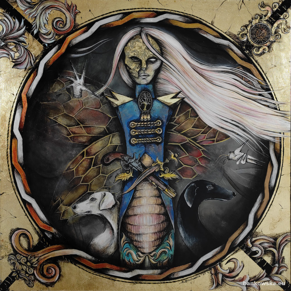 papilon malgorzata bankowska painting surrealism surreal artist hunting gold szlagmetal motyl motyle butterfly pies dog sztuka fantastyczna surrealizm magiczny obraz polowanie hunting painting gold mask zlota maska polska sztuka wspolczesna malarstwo polskie malarstwo sztalugowe