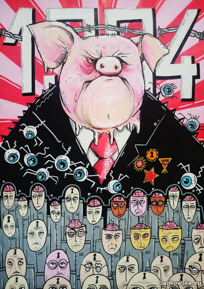 1984 Surreal pop art painting depicting Orwellian symbolism, surveillance society and authoritarian power