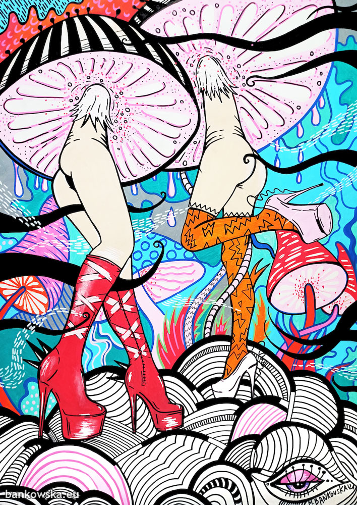 A contemporary surreal pop art artwork exploring psychedelic perception, escapism and the body as a symbol.