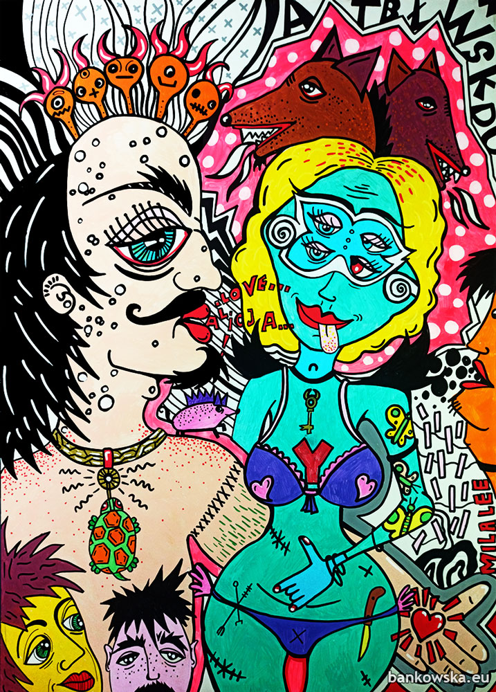Alicia - Surreal pop art painting depicting figurative forms, desire and psychological tension in a narrative composition