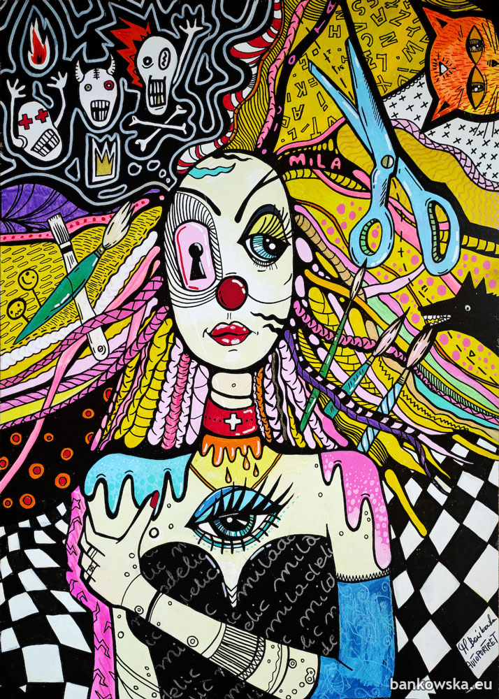 This self-portrait is a contemporary work of surreal pop art, combining pop art aesthetics with surrealism and personal narrative. Through symbolic imagery and expressive color, the painting explores identity, memory and emotional complexity rooted in inner experience.