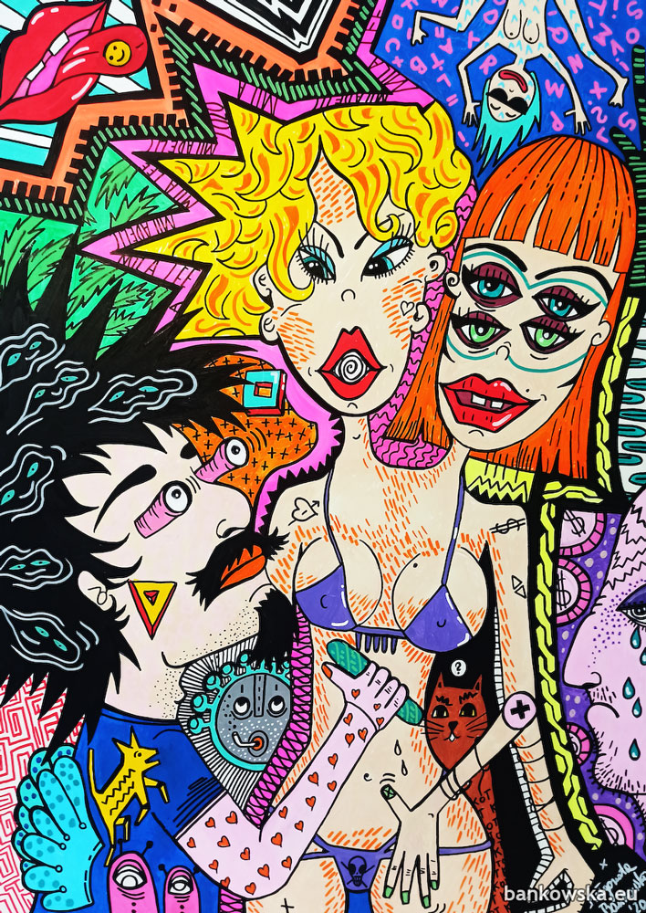 Coco Jamboo is a surreal pop art painting from the Pop Art Fusion series, combining psychedelic color, pop art aesthetics and surrealism to create a playful, excessive visual narrative.