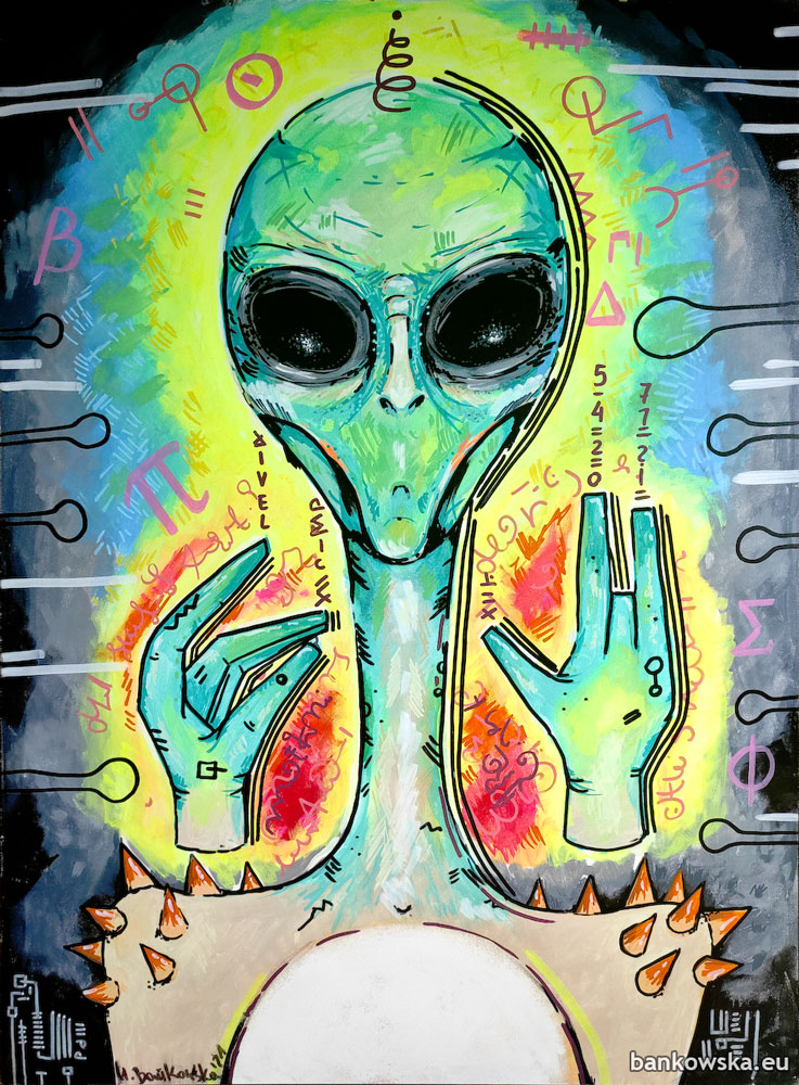 Surreal pop art fusion painting exploring unknown threat, alien imagery and contemporary anxiety.