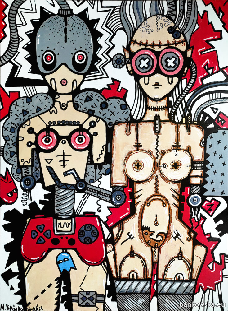 Pop art fusion artwork inspired by video games, control systems and modern digital behavior.