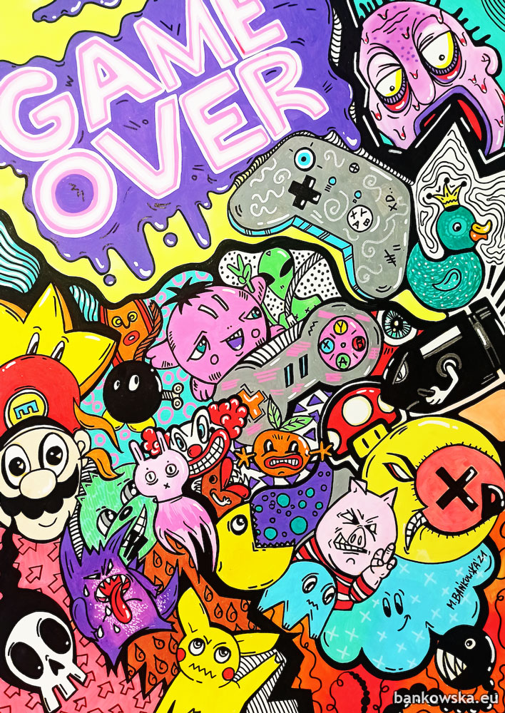 A gaming-inspired pop art fusion painting filled with color, icons and cultural memory.