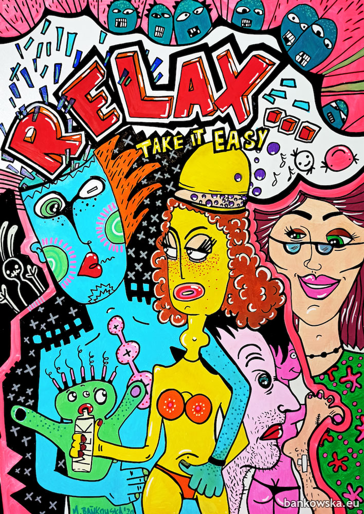 relax malgorzata bankowska painting acrylic on hardboard obraz akryl na plycie pop art polska sztuka malarstwo polskie polish artist mika music muzyka pozytywna energia