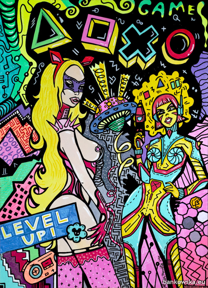 retro malgorzata bankowska painting acrylic on hardboard obraz akryl na plycie pop art polska sztuka malarstwo polskie polish artist gaming retro gaming gry komputerowe atari commodore amiga spectrum atari st