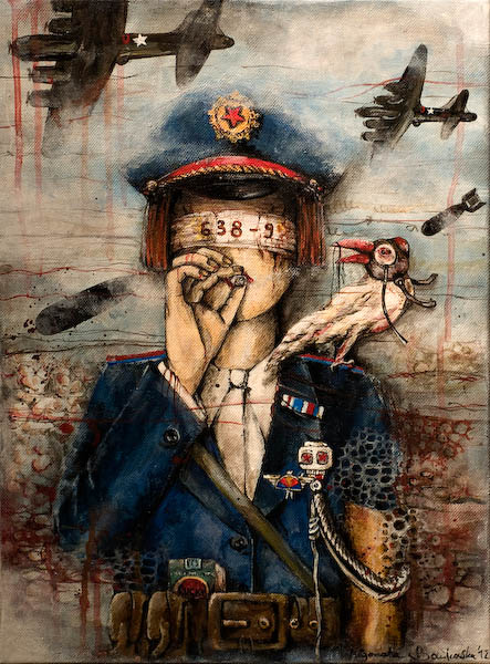 tempus moriendi Małgorzata Bańkowska wojna war call of duty battlefield gry komputerowe computer games gaming aircraft bomber soldier army wojsko obraz surrealistyczny malarstwo polskie polska sztuka surrealizm