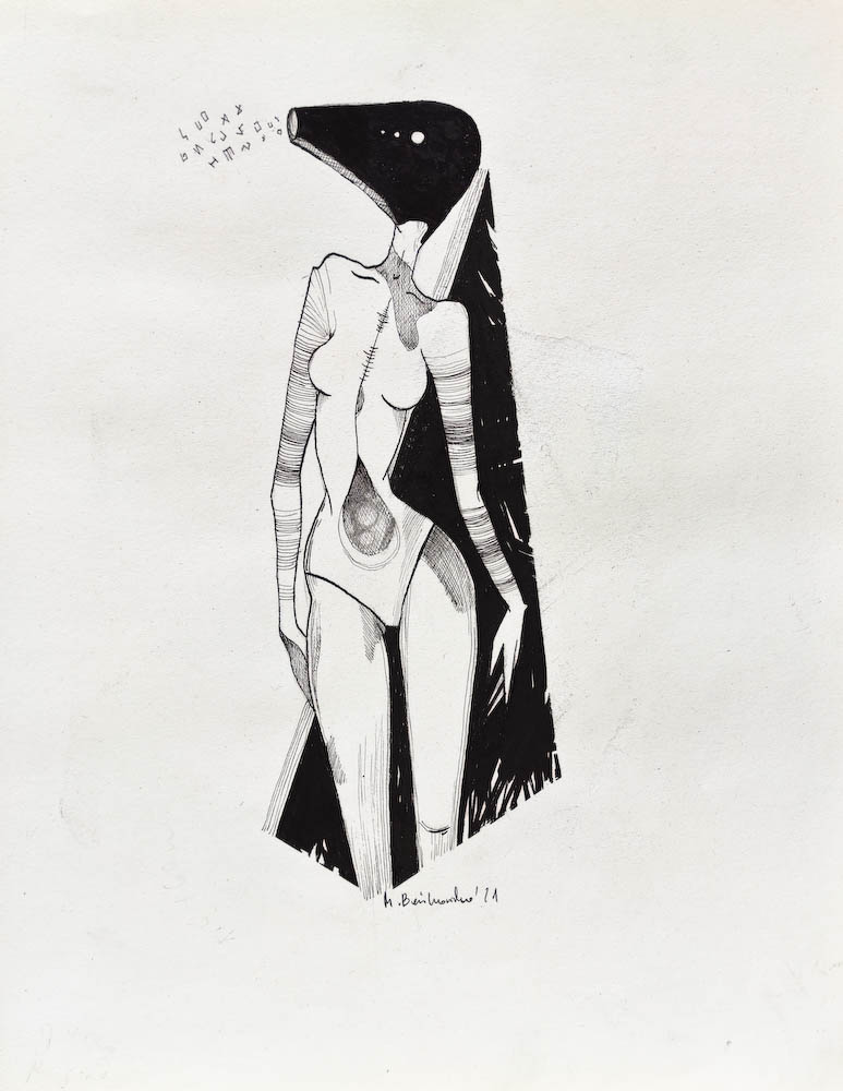 Drawing-ink-on-paper- Speaker, 2021 Małgorzata Bańkowska. Surreal artist.