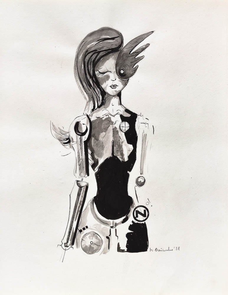 Drawing-ink-on-paper- Chinese Doll, 2021 Małgorzata Bańkowska. Surreal artist.