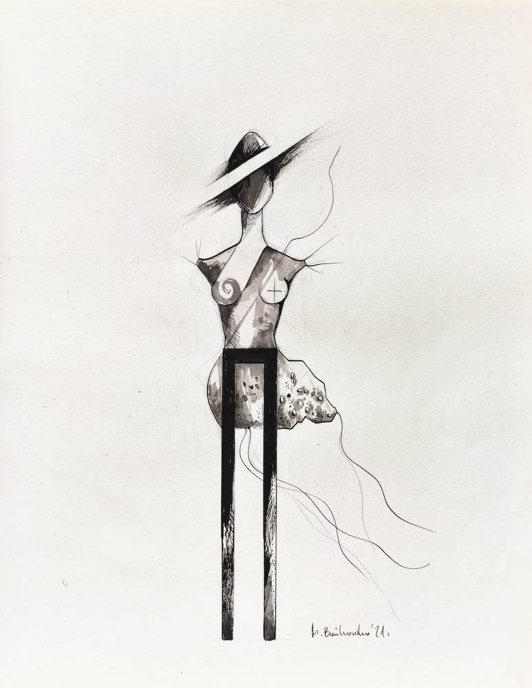 Drawing-ink-on-paper-Pedestal, 2021 Małgorzata Bańkowska. Surreal artist.