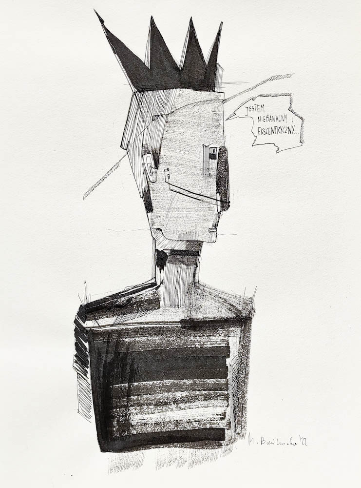 Ghost Writer, ink on paper. 2022 Małgorzata Bańkowska. Surreal artist from Poland. Artist sketchbook. NFT Artist, biomechanics. Auctions.
