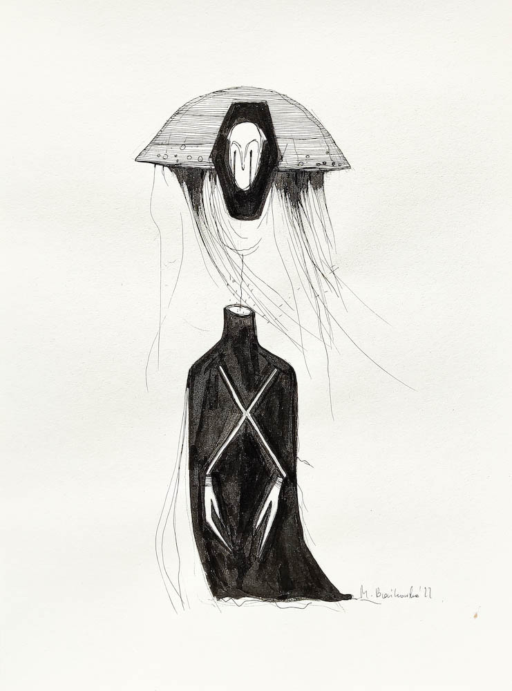 Existence, ink on paper. 2022 Małgorzata Bańkowska. Surreal artist from Poland. Artist sketchbook. NFT Artist, biomechanics. Auctions.