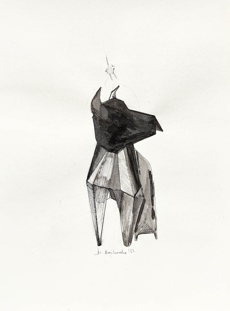 Dog, ink on paper. 2022 Małgorzata Bańkowska. Surreal artist from Poland. Artist sketchbook. NFT Artist, biomechanics. Auctions.