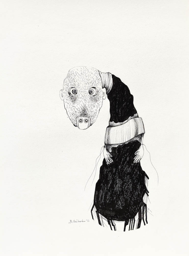 Hashimoto, ink on paper. 2022 Małgorzata Bańkowska. Surreal artist from Poland. Artist sketchbook. NFT Artist, biomechanics. Auctions.