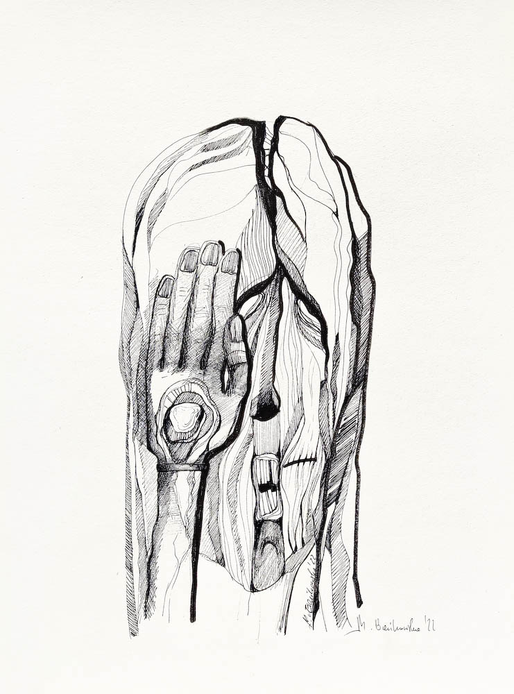 Trip, ink on paper. 2022 Małgorzata Bańkowska. Surreal artist from Poland. Artist sketchbook. NFT Artist, biomechanics. Auctions.