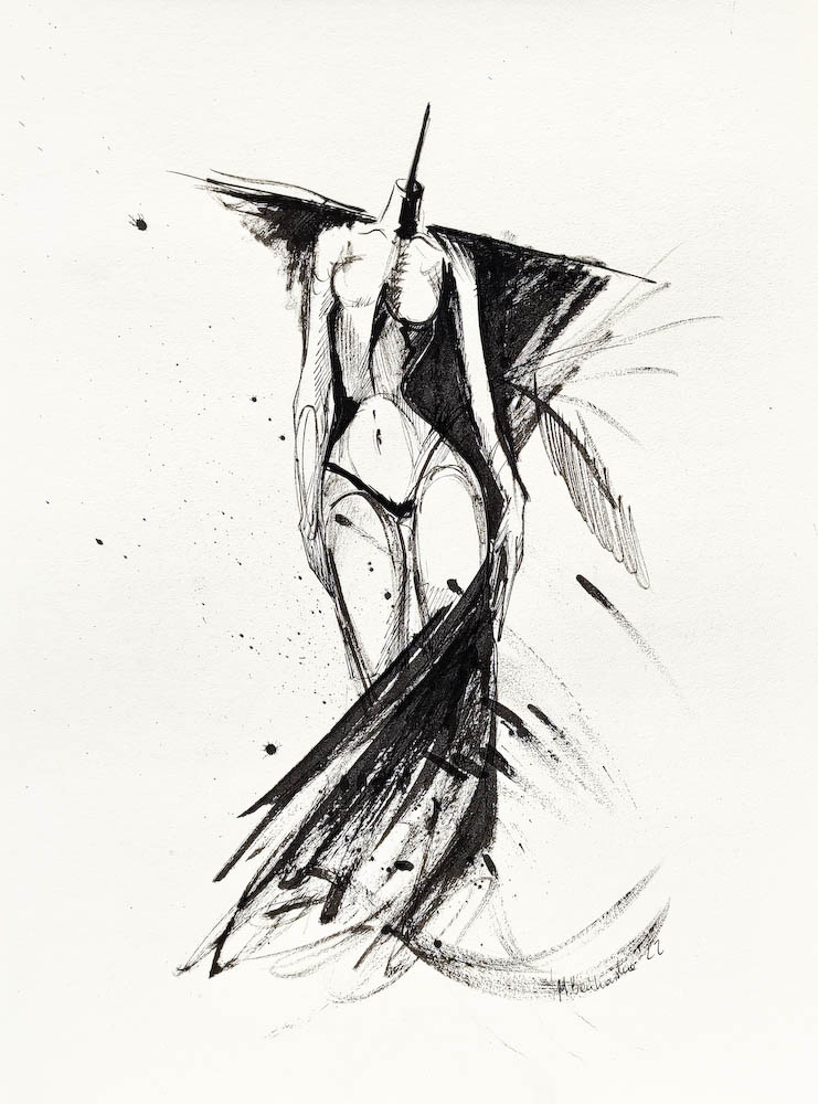 Necromancer, ink on paper. 2022 Małgorzata Bańkowska. Surreal artist from Poland. Artist sketchbook. NFT Artist, biomechanics. Auctions.