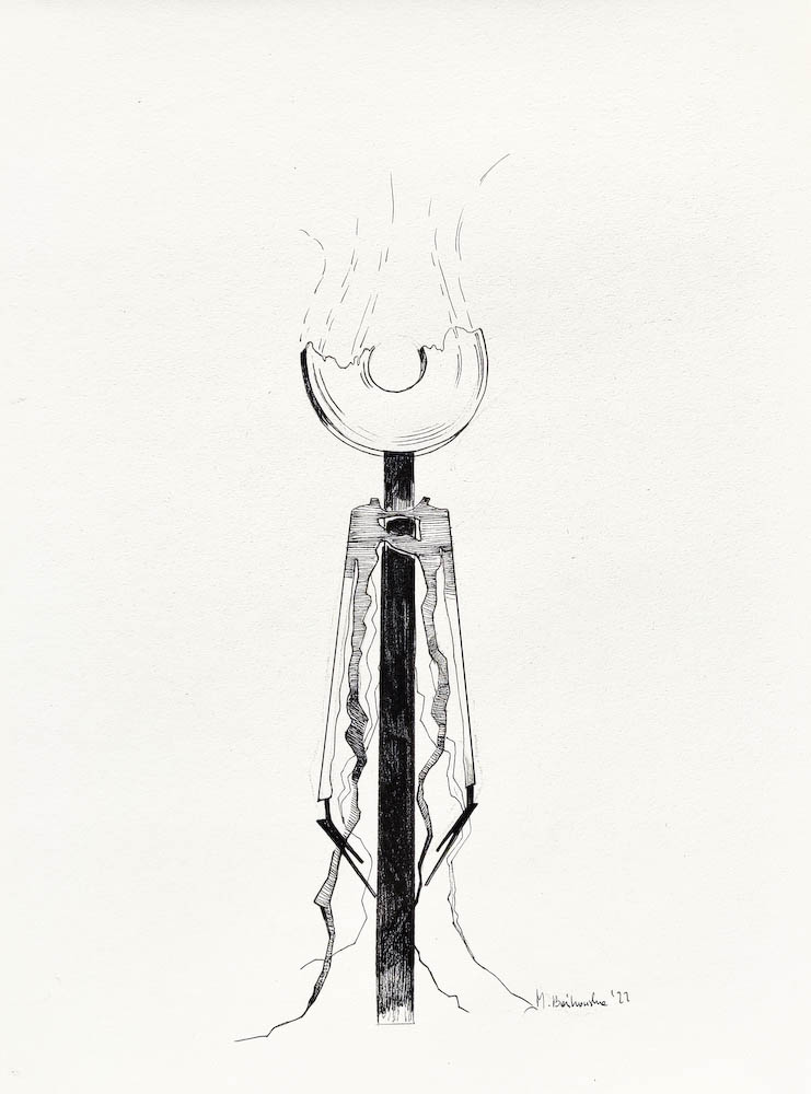 Nanoprobe, ink on paper. 2022 Małgorzata Bańkowska. Surreal artist from Poland. Artist sketchbook. NFT Artist, biomechanics. Auctions.
