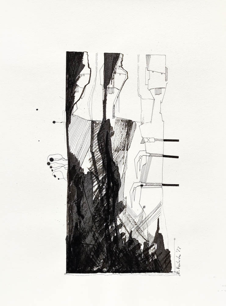 Mechanics, ink on paper. 2022 Małgorzata Bańkowska. Surreal artist from Poland. Artist sketchbook. NFT Artist, biomechanics. Auctions.