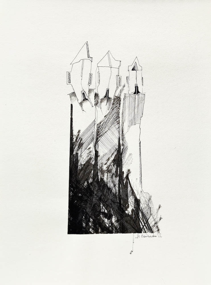 Peddlers, ink on paper. 2022 Małgorzata Bańkowska. Surreal artist from Poland. Artist sketchbook. NFT Artist, biomechanics. Auctions.