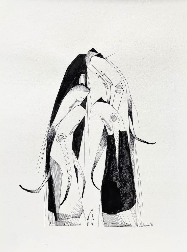 Guliver 2k, ink on paper. 2022 Małgorzata Bańkowska. Surreal artist from Poland. Artist sketchbook. NFT Artist, biomechanics. Auctions.