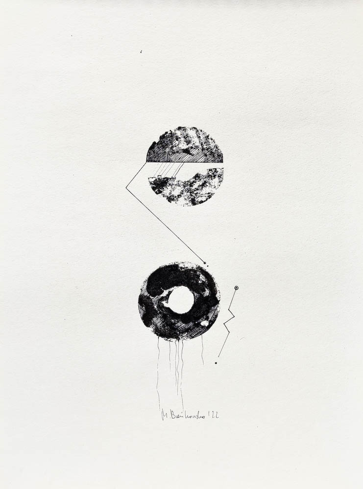 Xenobots, ink on paper. 2022 Małgorzata Bańkowska. Surreal artist from Poland. Artist sketchbook. NFT Artist, biomechanics. Auctions.