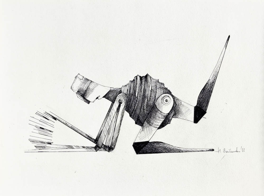 Chopper, ink on paper. 2022 Małgorzata Bańkowska. Surreal artist from Poland. Artist sketchbook. NFT Artist, biomechanics. Auctions.