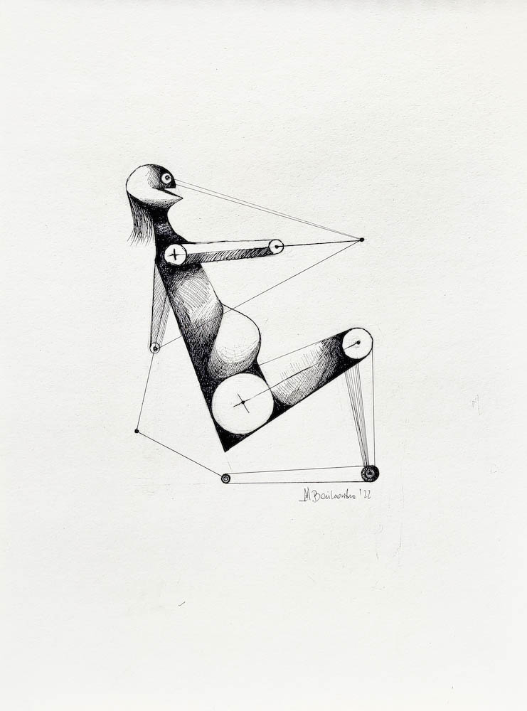 Crash Test, ink on paper. 2022 Małgorzata Bańkowska. Surreal artist from Poland. Artist sketchbook. NFT Artist, biomechanics. Auctions.