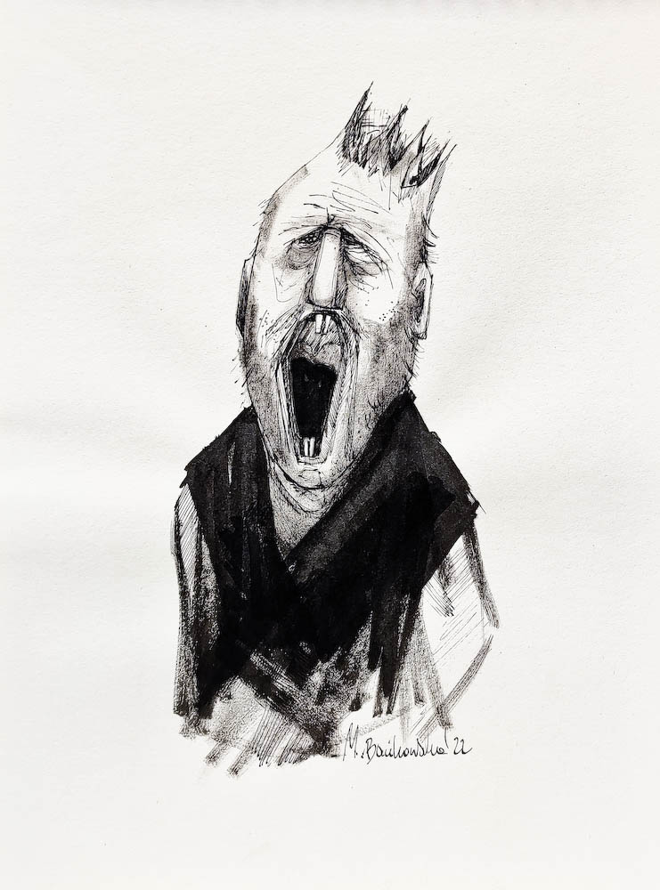 Giki, ink on paper. 2022 Małgorzata Bańkowska. Surreal artist from Poland. Artist sketchbook. NFT Artist, biomechanics. Auctions.