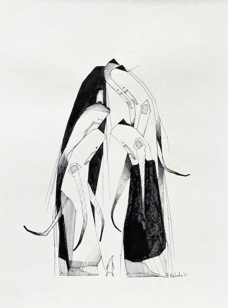 Guliver 2k, ink on paper. 2022 Małgorzata Bańkowska. Surreal artist from Poland. Artist sketchbook. NFT Artist, biomechanics. Auctions.