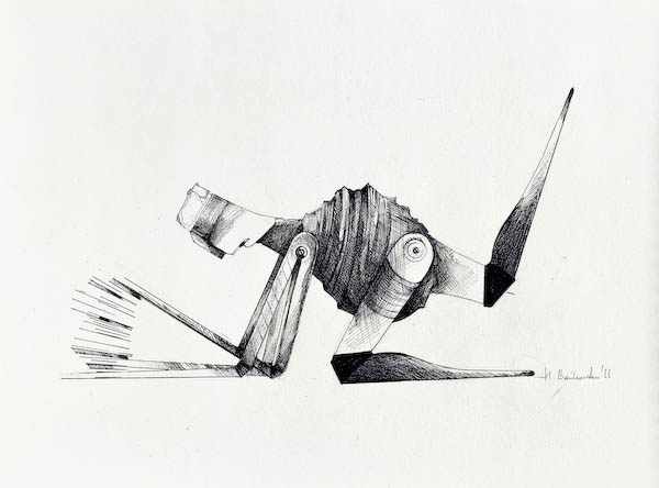 Chopper, ink on paper. 2022 Małgorzata Bańkowska. Surreal artist from Poland. Artist sketchbook. NFT Artist, biomechanics. Auctions.