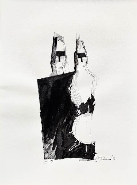 Crusade, ink on paper. 2022 Małgorzata Bańkowska. Surreal artist from Poland. Artist sketchbook. NFT Artist, biomechanics. Auctions.