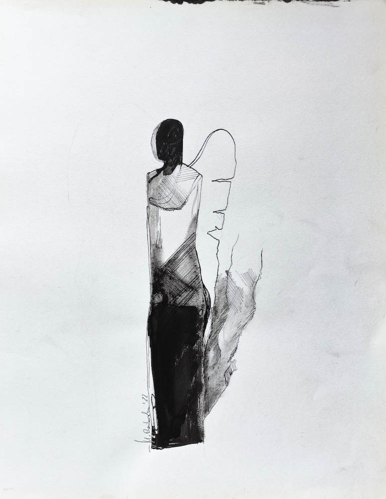 Secondary Character. Drawing, ink on paper. 2022 Małgorzata Bańkowska. Surreal artist from Poland. Artist sketchbook. NFT Artist, biomechanics. Auctions.