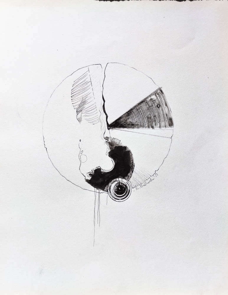 Conspiracy Theory. Drawing, ink on paper. 2022 Małgorzata Bańkowska. Surreal artist from Poland. Artist sketchbook. NFT Artist, biomechanics. Auctions.