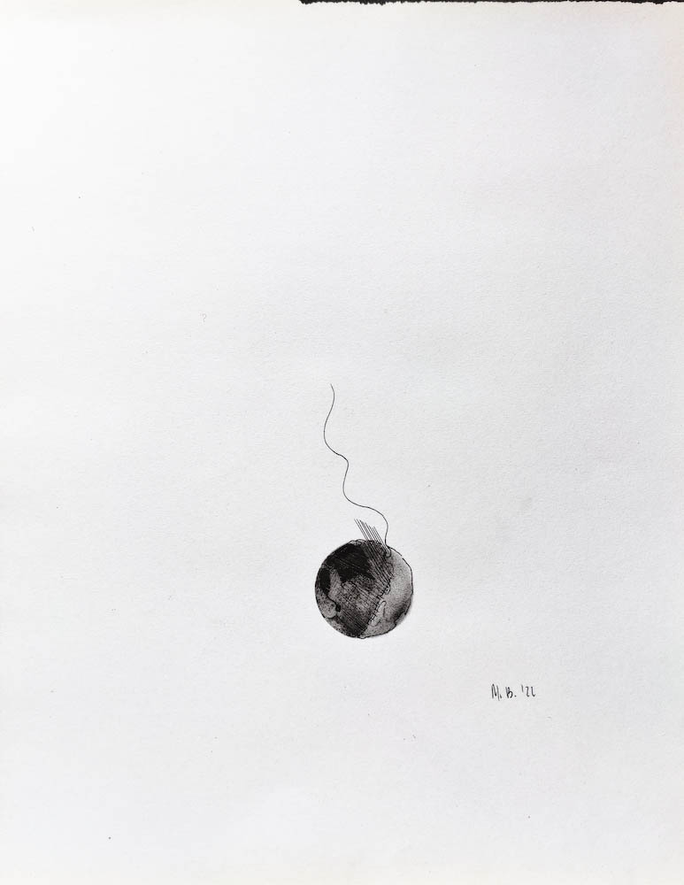 Short Fuse. Drawing, ink on paper. 2022 Małgorzata Bańkowska. Surreal artist from Poland. Artist sketchbook. NFT Artist, biomechanics. Auctions.