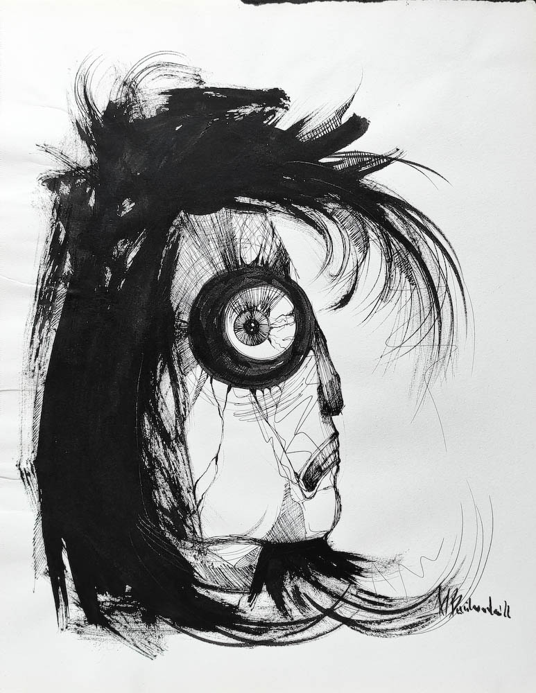 Ozzy. Drawing, ink on paper. 2022 Małgorzata Bańkowska. Surreal artist from Poland. Artist sketchbook. NFT Artist, biomechanics. Auctions.