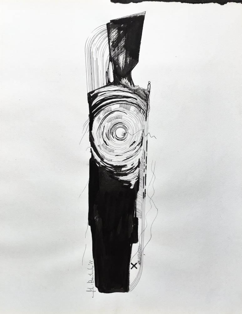 Hummer Hearth. Drawing, ink on paper. 2022 Małgorzata Bańkowska. Surreal artist from Poland. Artist sketchbook. NFT Artist, biomechanics. Auctions.