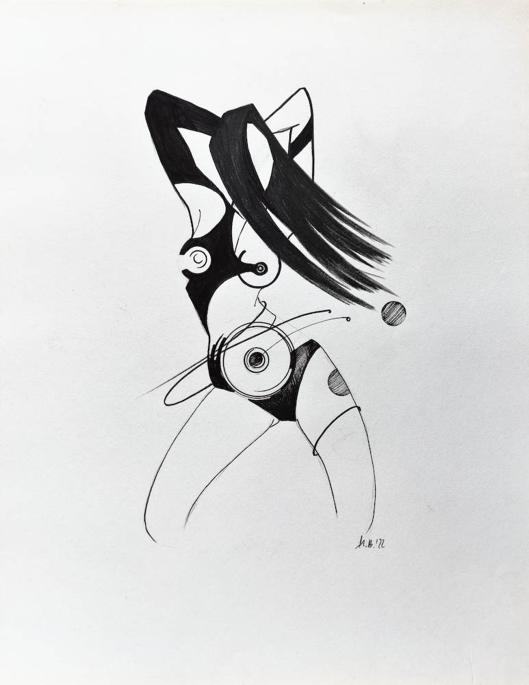 Orbits. Drawing, ink on paper. 2022 Małgorzata Bańkowska. Surreal artist from Poland. Artist sketchbook. NFT Artist, biomechanics. Auctions.