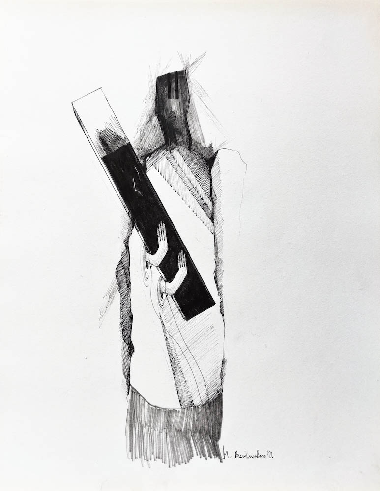  Gravedigger. Drawing, ink on paper. 2022 Małgorzata Bańkowska. Surreal artist from Poland. Artist sketchbook. NFT Artist, biomechanics. Auctions.