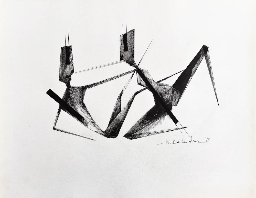  Wooing. Drawing, ink on paper. 2022 Małgorzata Bańkowska. Surreal artist from Poland. Artist sketchbook. NFT Artist, biomechanics. Auctions.