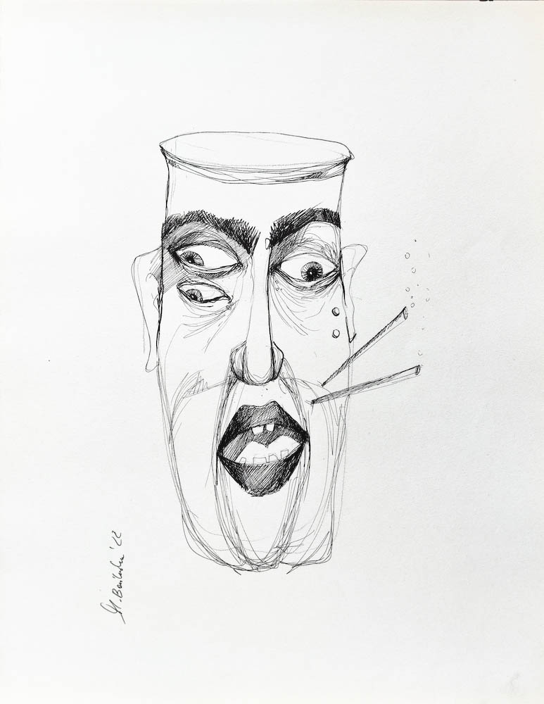 Pitcher. Drawing, ink on paper. 2022 Małgorzata Bańkowska. Surreal artist from Poland. Artist sketchbook. NFT Artist, biomechanics. Auctions.