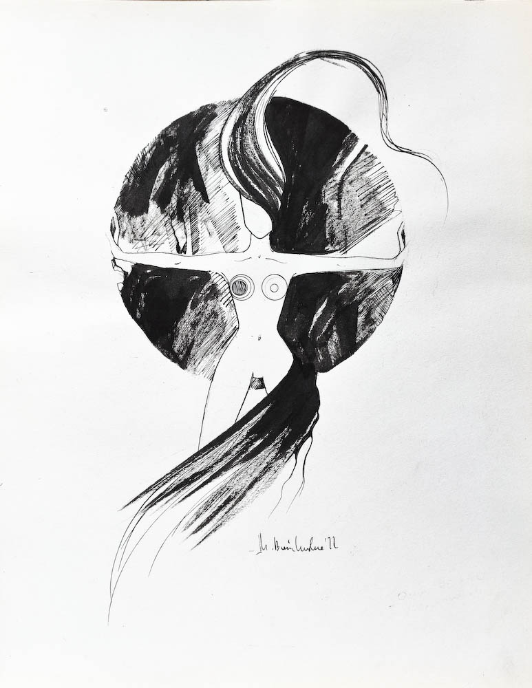 Tightly. Drawing, ink on paper. 2022 Małgorzata Bańkowska. Surreal artist from Poland. Artist sketchbook. NFT Artist, biomechanics. Auctions.